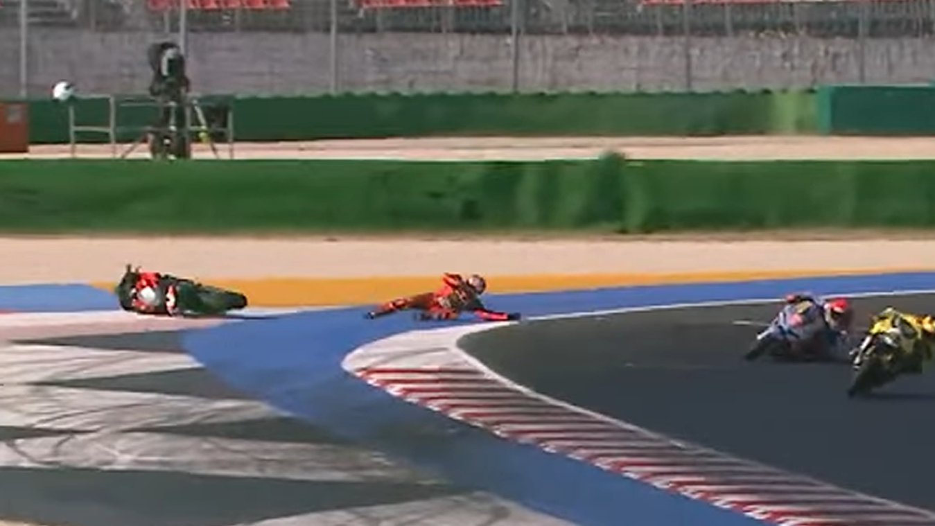 Nicolo Bulega crashes out of Ducati Race of Champions after contact with Marc Marquez. - YouTube/Ducati